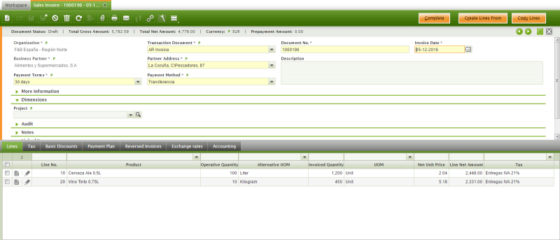 Lines of a Sales Invoice with AUM fields
